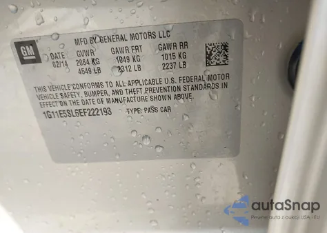 2014 Chevrolet Malibu 2Lt from USA, damaged, VIN 1G11E5SL6EF222193